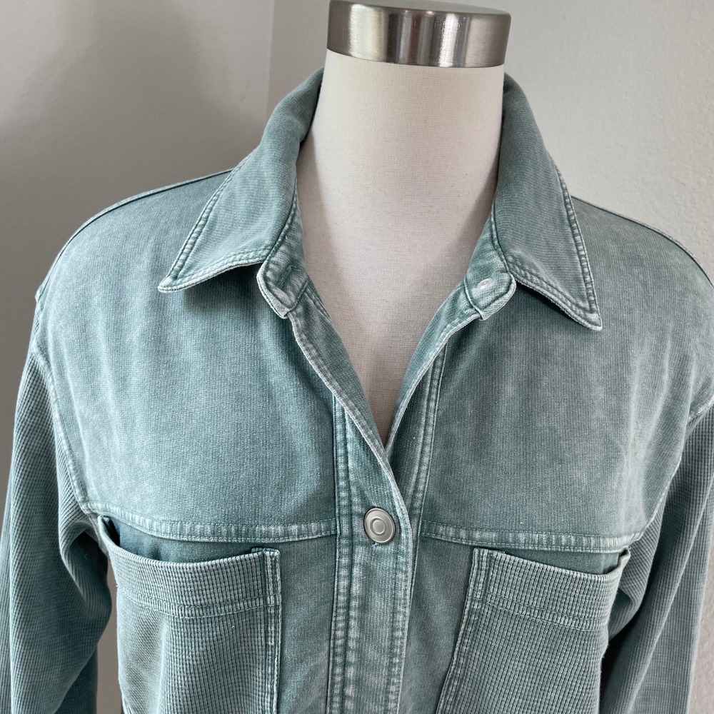 NEW Jane + Delancey Womens Medium Green Mineral‎ Wash French Terry Shacket Shirt - Picture 2 of 9